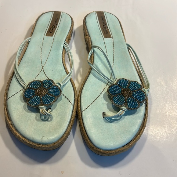 Miss Robert’s lime green sandals with blue flower and braided rope size 9 - Picture 1 of 4